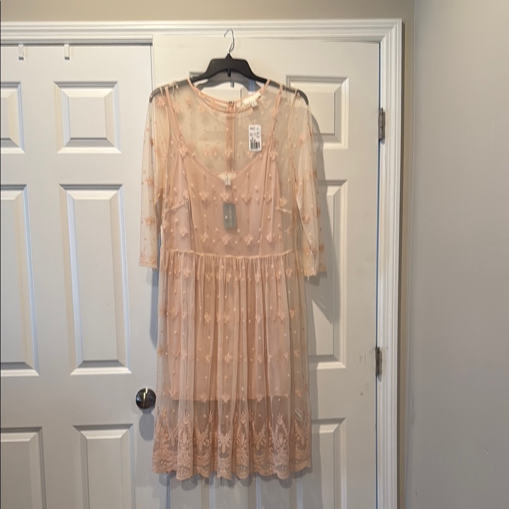 Baby Pink lace 3/4 overlay midi dress